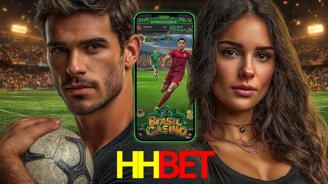 Homem segurando uma bola de futebol e uma mulher ao lado de um smartphone exibindo o jogo de apostas esportivas da HHBET. Faça seu palpite no cassino online.